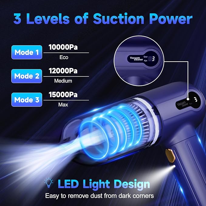 Handheld Car Vacuum Cleaner, 15KPa Mini Cordless 4000mAh Vacuum Cleaner with LED Light, Digital Display & 3 Speeds, 80W High Power 3-in-1 Portable Vacuum with 7 Nozzles, for Car, Home, Office, Pet