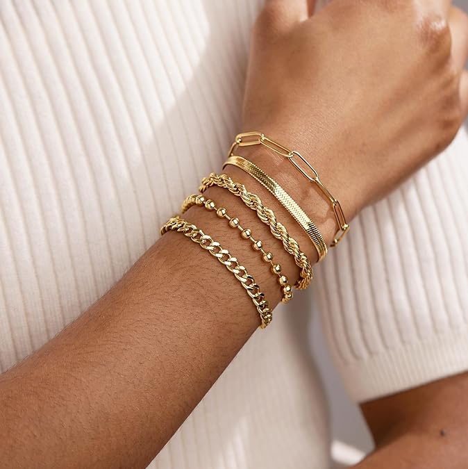 Gold Bracelets for Women,Dainty Bracelets Set for Women Trendy, Gold Bracelets Stack With Beaded, Cuban, Paperclip, Heart, Snake, Rope, Pearl, Cross, Hand Chain, Silver Jewelry Gifts for Women Christm